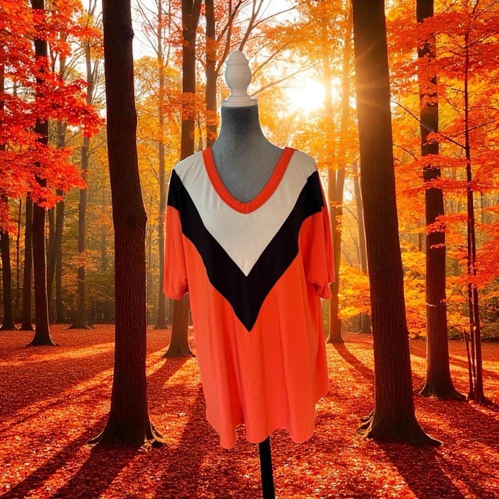 Zenana Outfitters Chevron V-Neck Tee in Orange and Black